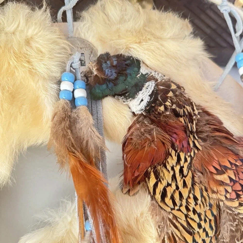 Vintage Native Large Dream Catcher‎ Wall Hanging Fur Feathers 41